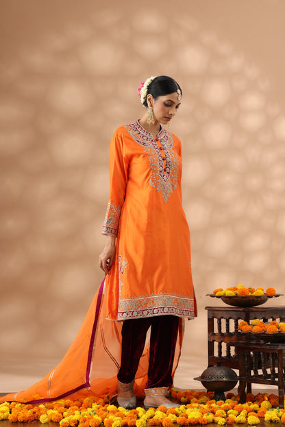 Pastel Orange Short Kurti and wine red Salwar Set