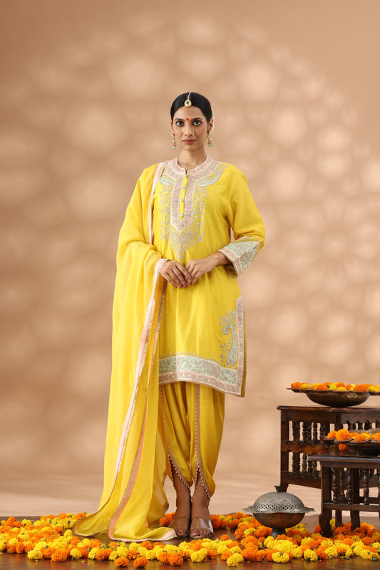 Yellow Short Kurti with Dhoti Set