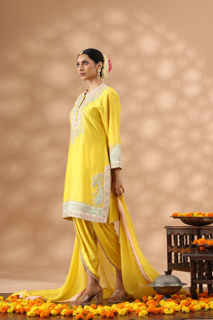 Yellow Short Kurti with Dhoti Set
