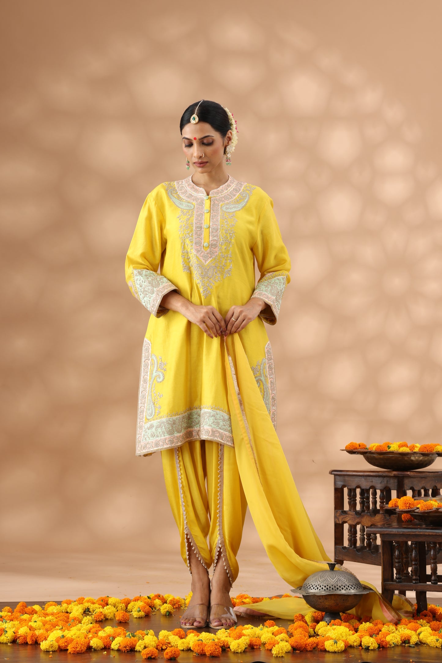 Yellow Short Kurti with Dhoti Set