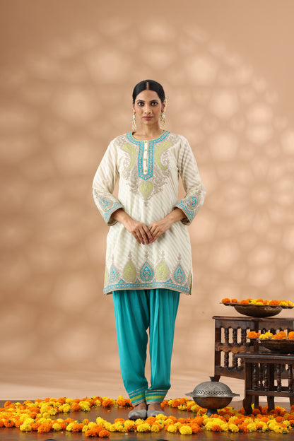 White Kurti with teal blue salwar Set
