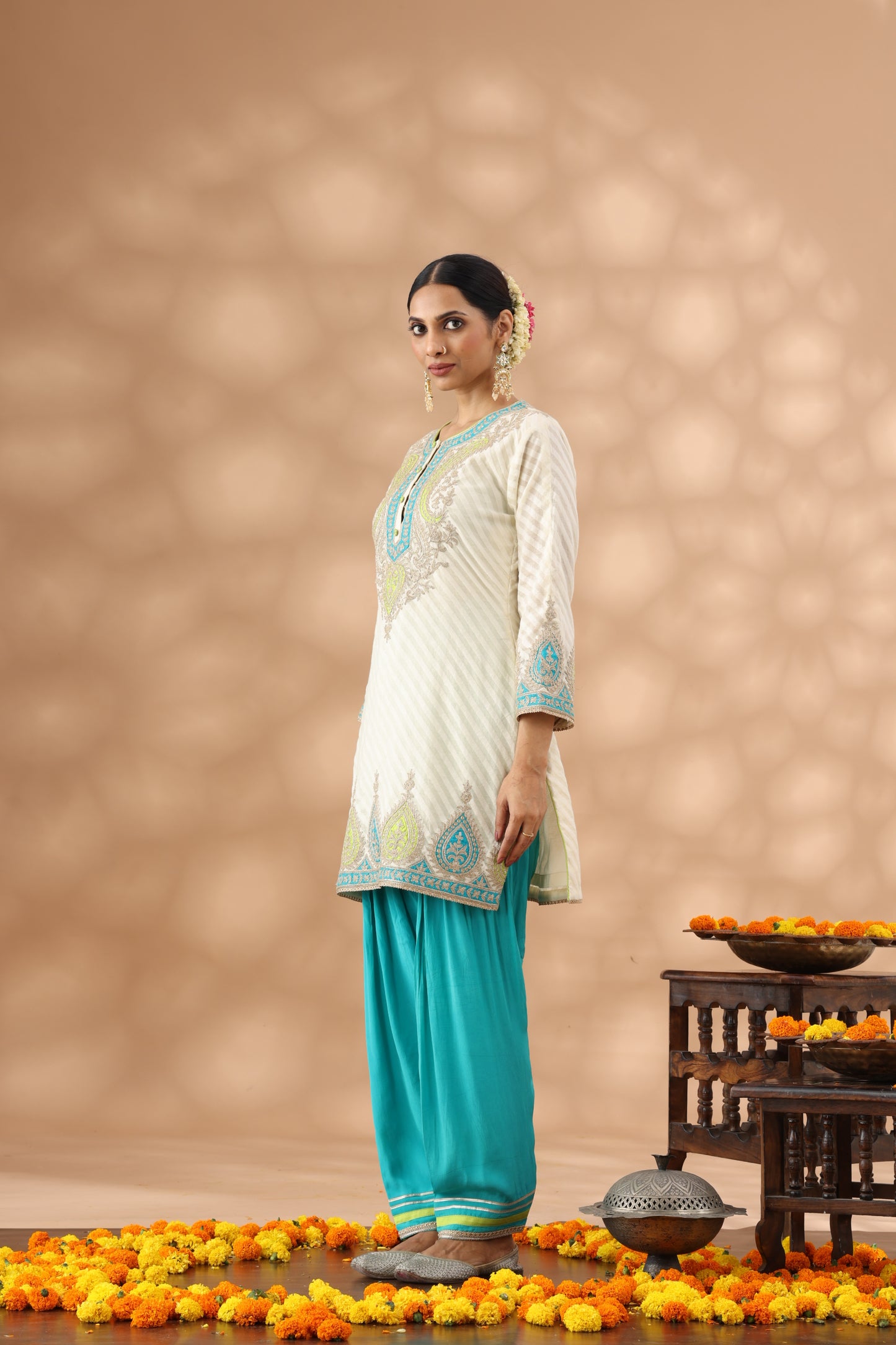 White Kurti with teal blue salwar Set