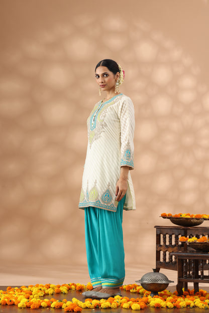 White Kurti with teal blue salwar Set
