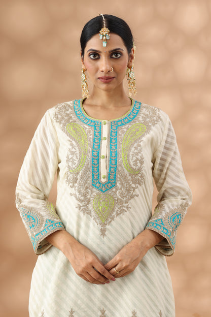 White Kurti with teal blue salwar Set