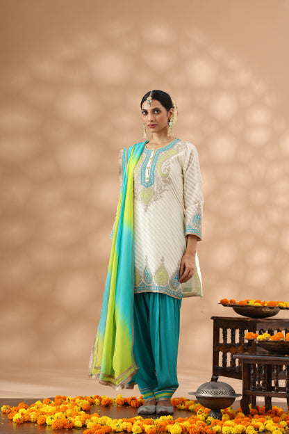 White Kurti with teal blue salwar Set