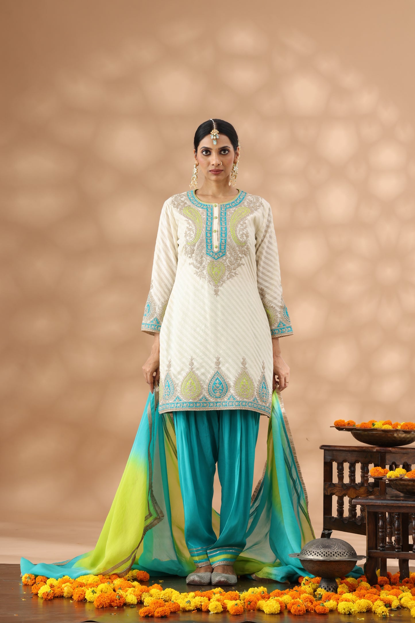 White Kurti with teal blue salwar Set