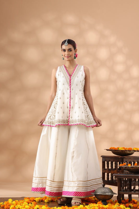 Pearl White Short Jacket with Sharara Set