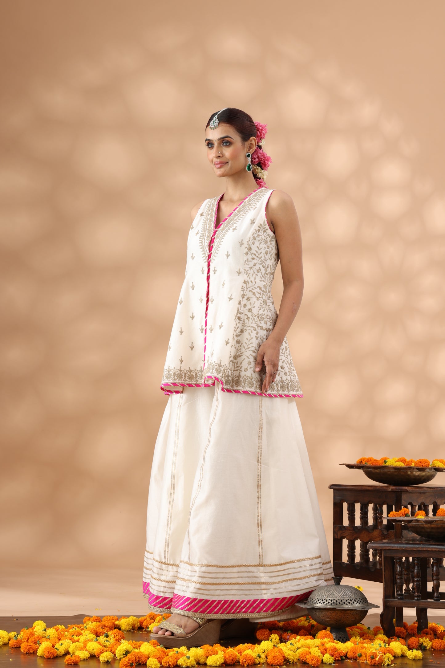 Pearl White Short Jacket with Sharara Set