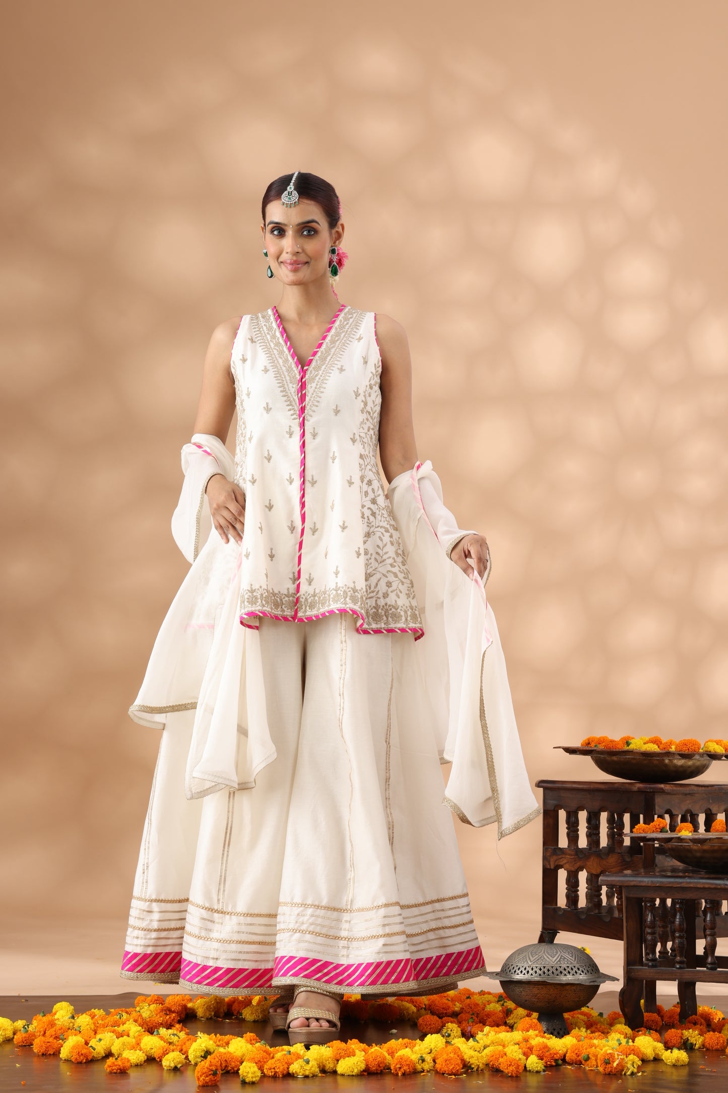 Pearl White Short Jacket with Sharara Set