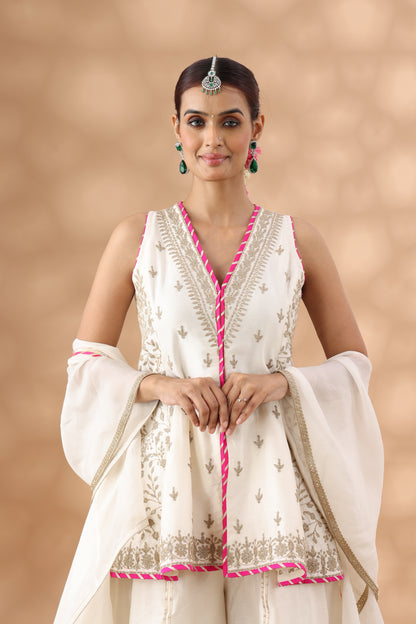 Pearl White Short Jacket with Sharara Set