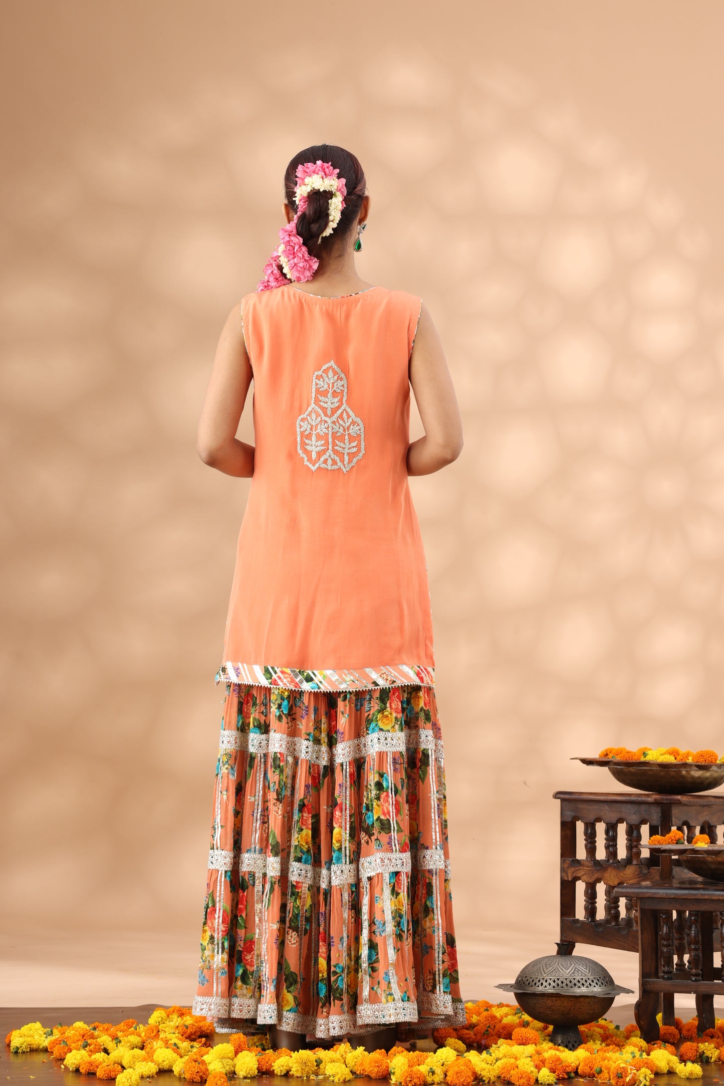 Printed Peach Gharara Set