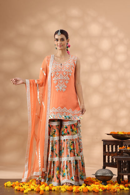 Printed Peach Gharara Set