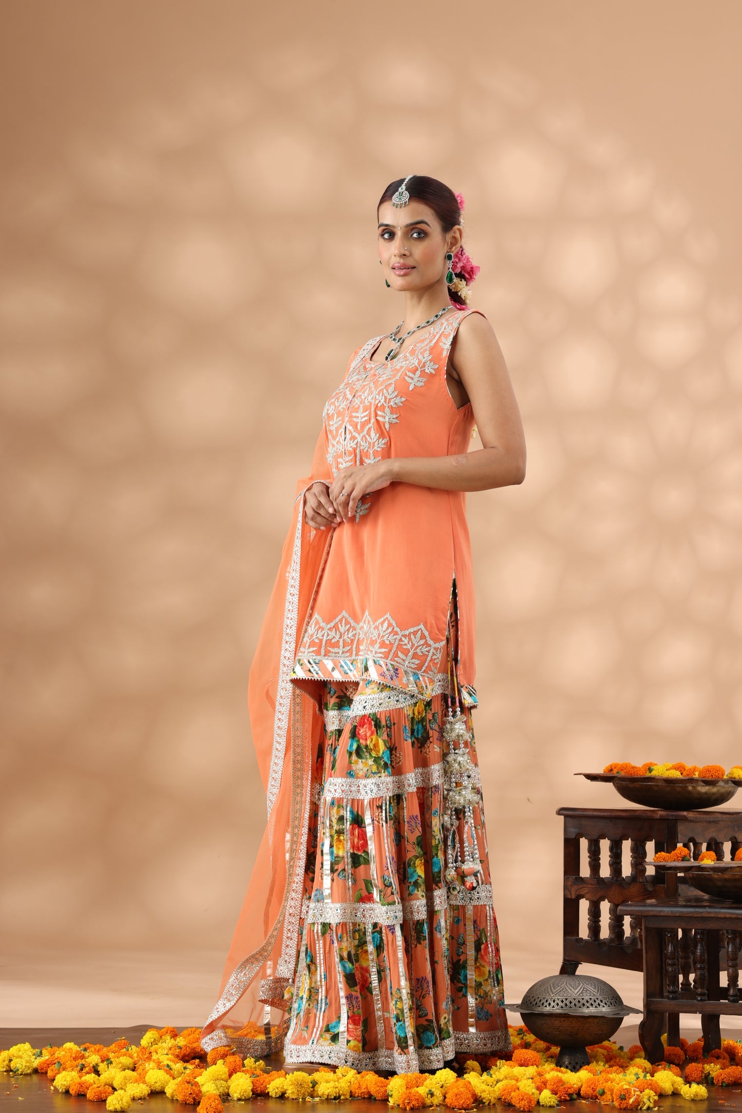 Printed Peach Gharara Set