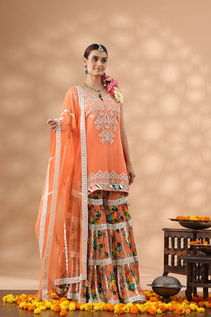 Printed Peach Gharara Set