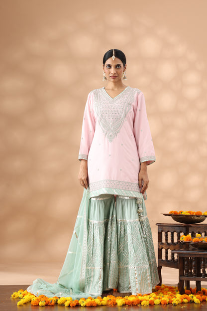 Pastel Pink Short Kurti with gharara Set