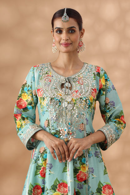 Mint Green Printed Short Anakali