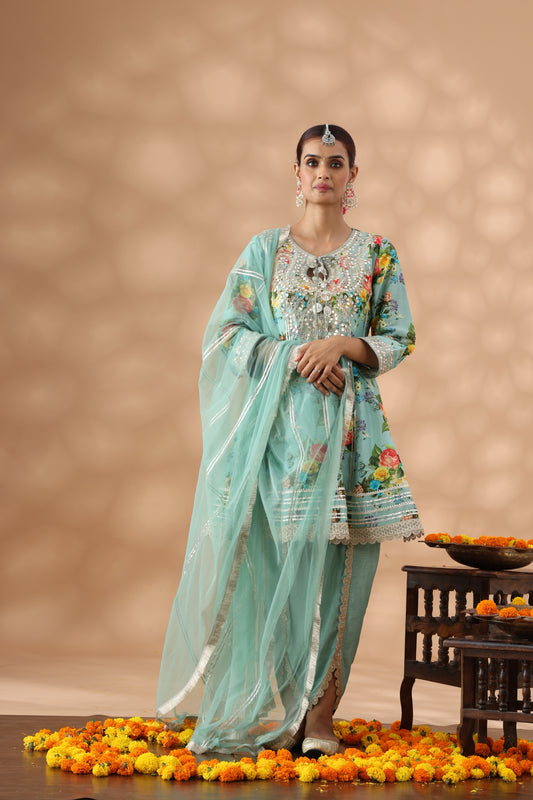 Mint Green Printed Short Anakali