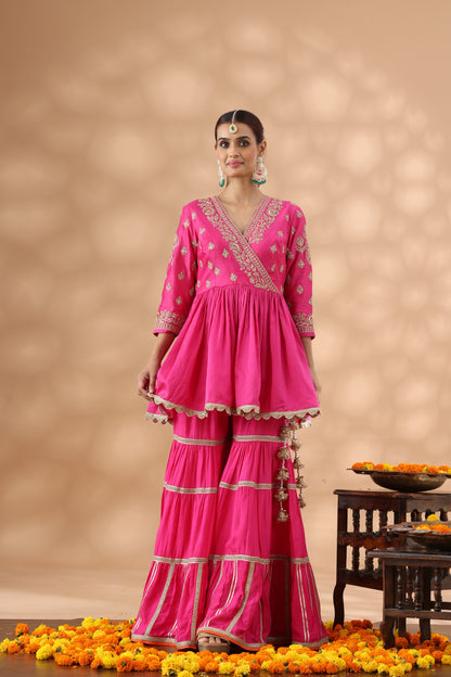 Hot Pink Short Anarkali with Gharara