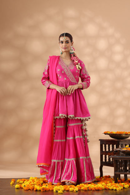 Hot Pink Short Anarkali with Gharara