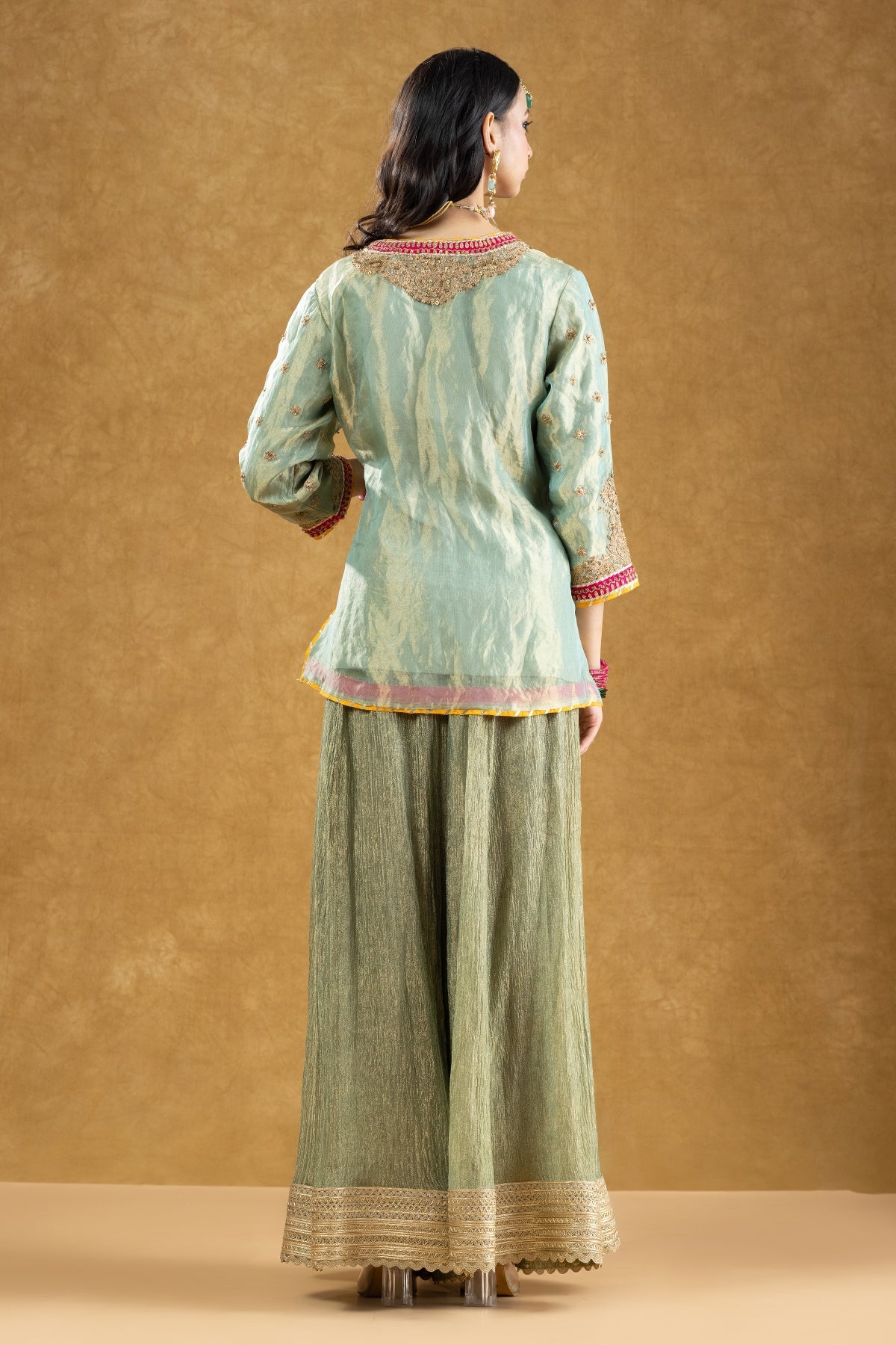 Sage Green Banarasi Tissue Kurta Sharara Set with Dori Sequin Hand Work
