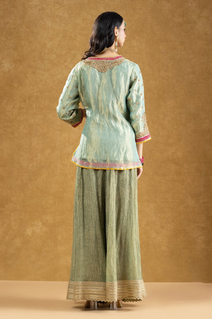 Sage Green Banarasi Tissue Kurta Sharara Set with Dori Sequin Hand Work