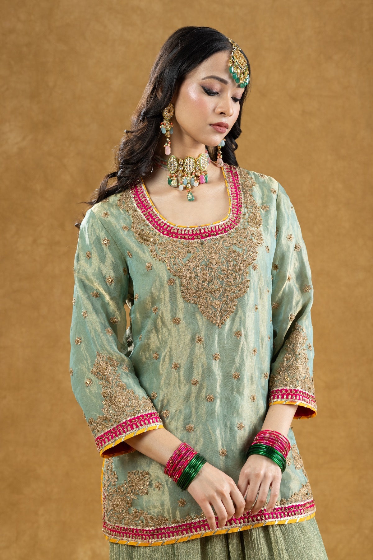 Sage Green Banarasi Tissue Kurta Sharara Set with Dori Sequin Hand Work
