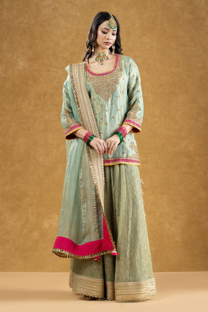 Sage Green Banarasi Tissue Kurta Sharara Set with Dori Sequin Hand Work
