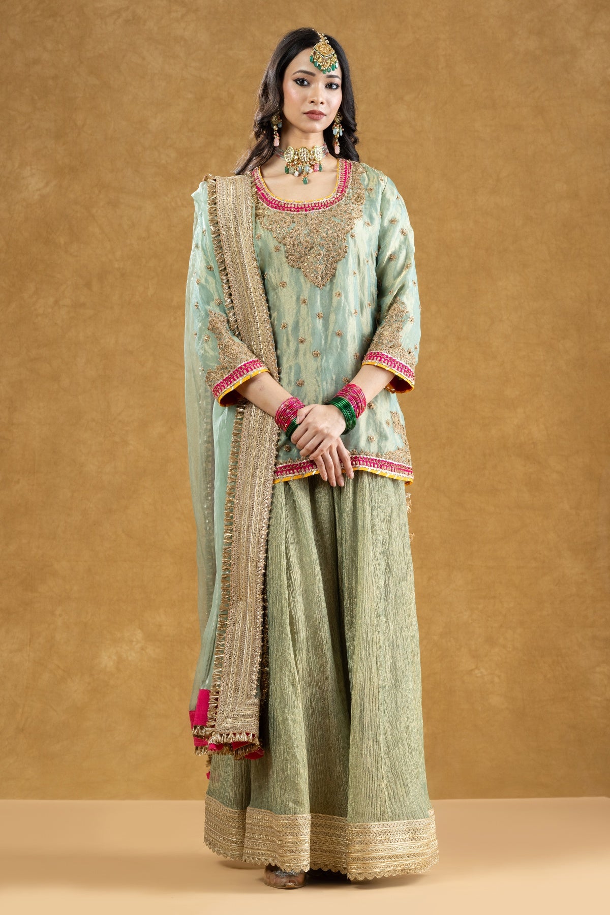 Sage Green Banarasi Tissue Kurta Sharara Set with Dori Sequin Hand Work