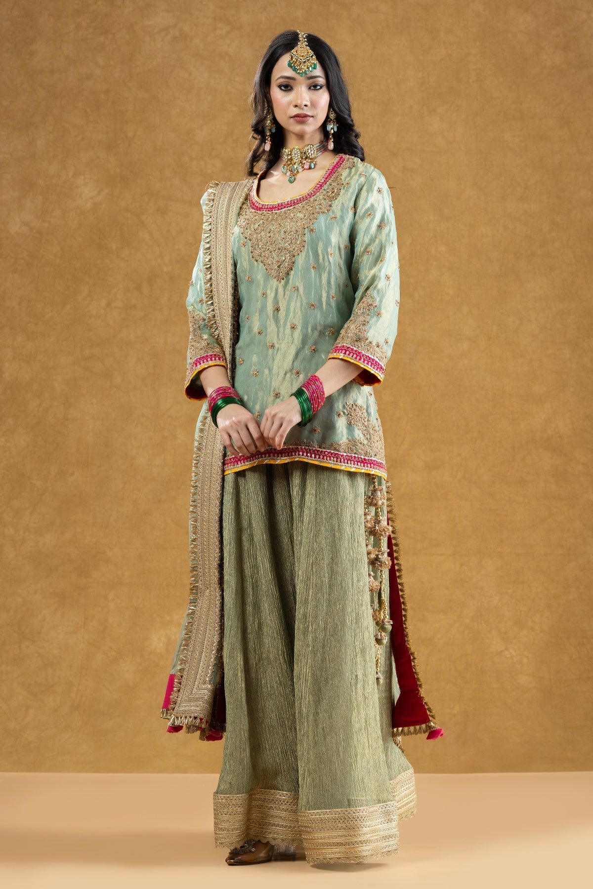 Sage Green Banarasi Tissue Kurta Sharara Set with Dori Sequin Hand Work
