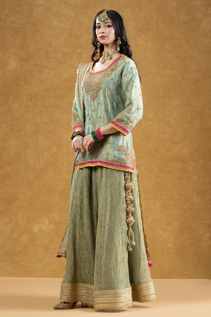 Sage Green Banarasi Tissue Kurta Sharara Set with Dori Sequin Hand Work