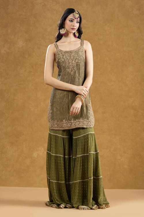 Olive Green Crushed Banarasi Kurta 3-Layered Gharara Set with Dori Kasab Work