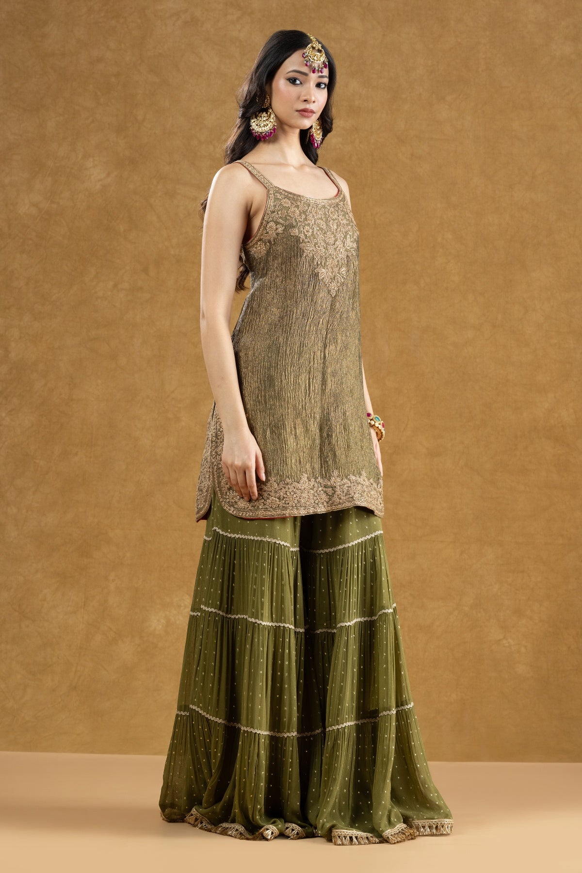 Olive Green Crushed Banarasi Kurta 3-Layered Gharara Set with Dori Kasab Work