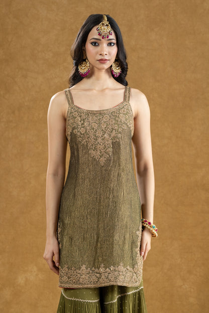 Olive Green Crushed Banarasi Kurta 3-Layered Gharara Set with Dori Kasab Work
