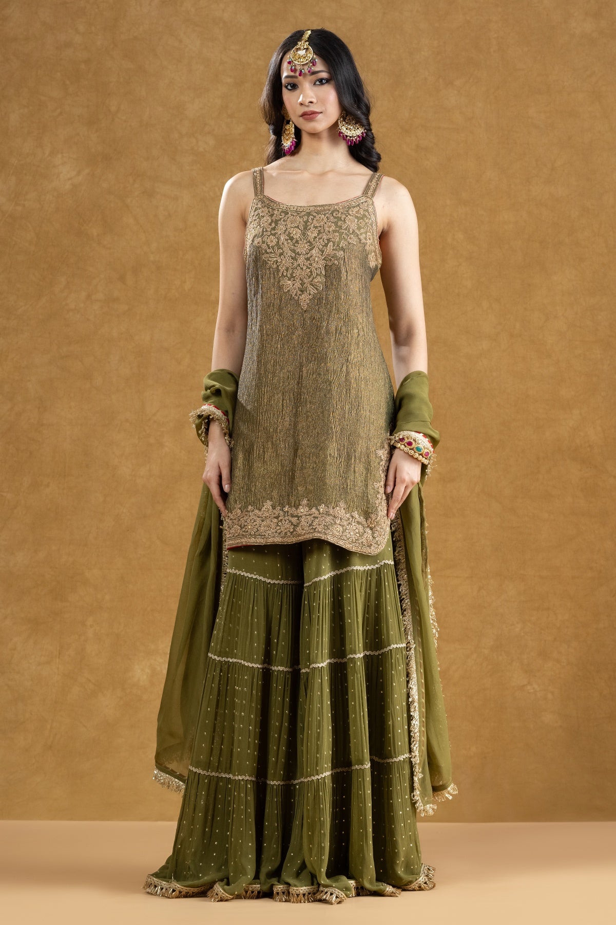 Olive Green Crushed Banarasi Kurta 3-Layered Gharara Set with Dori Kasab Work