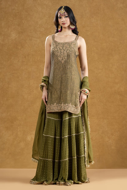 Olive Green Crushed Banarasi Kurta 3-Layered Gharara Set with Dori Kasab Work