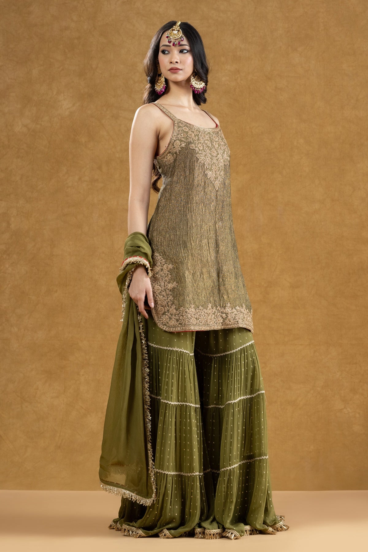 Olive Green Crushed Banarasi Kurta 3-Layered Gharara Set with Dori Kasab Work