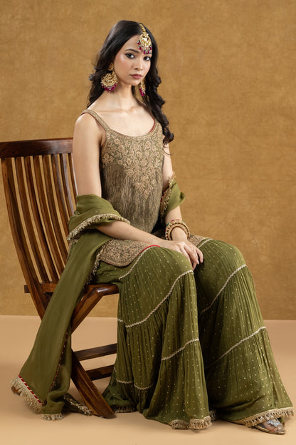 Olive Green Crushed Banarasi Kurta 3-Layered Gharara Set with Dori Kasab Work