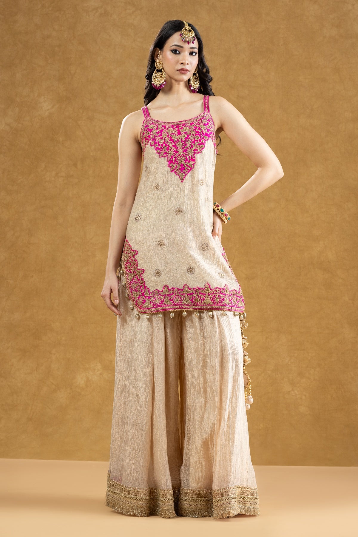 Ivory Crushed Banarasi Kurta Gharara Set with Dori Kasab Work
