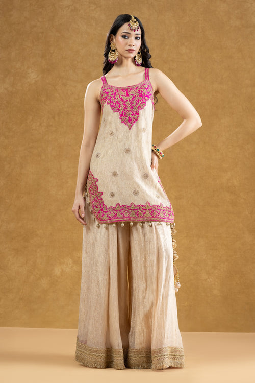Ivory Crushed Banarasi Kurta Gharara Set with Dori Kasab Work
