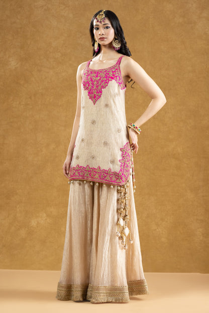 Ivory Crushed Banarasi Kurta Gharara Set with Dori Kasab Work