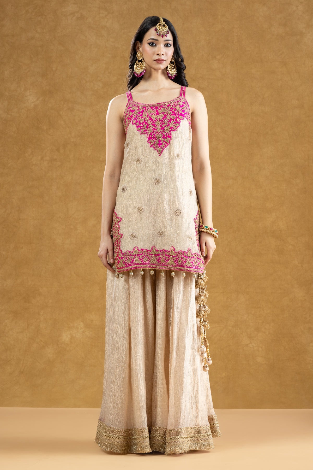 Ivory Crushed Banarasi Kurta Gharara Set with Dori Kasab Work