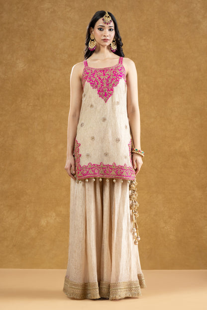 Ivory Crushed Banarasi Kurta Gharara Set with Dori Kasab Work