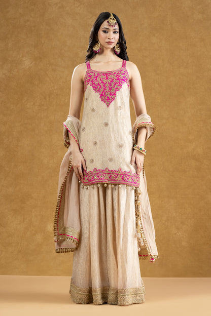 Ivory Crushed Banarasi Kurta Gharara Set with Dori Kasab Work