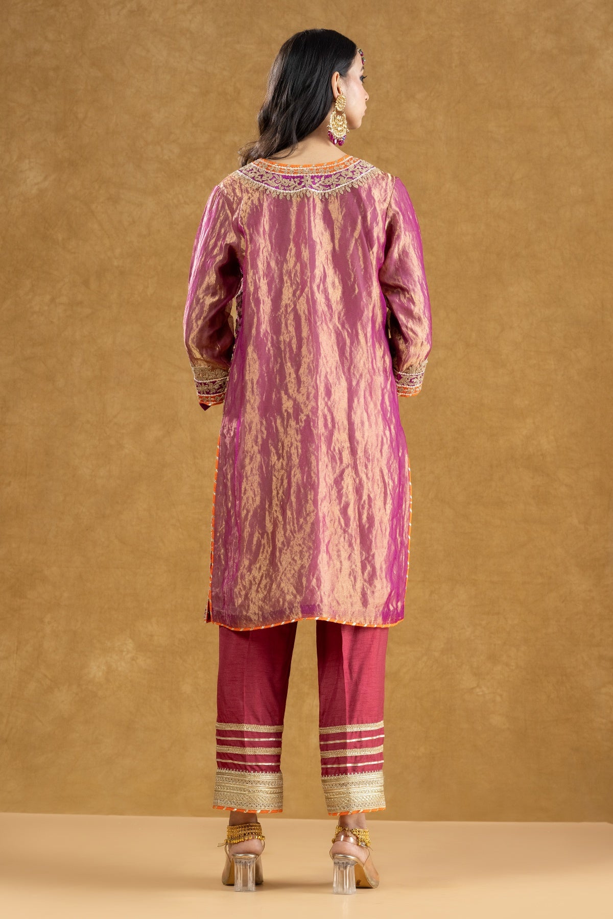 Pink Pure Tissue Kurta Palazzo Set with Dori Hand Work