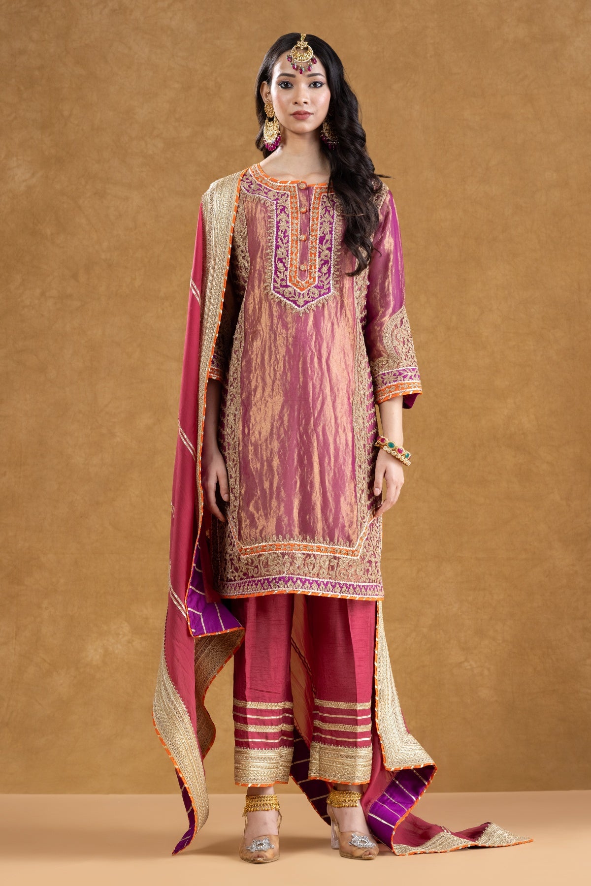 Pink Pure Tissue Kurta Palazzo Set with Dori Hand Work