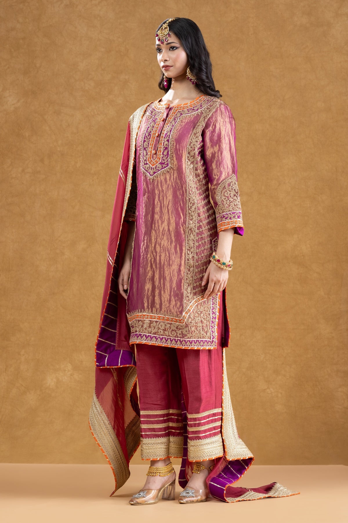 Pink Pure Tissue Kurta Palazzo Set with Dori Hand Work