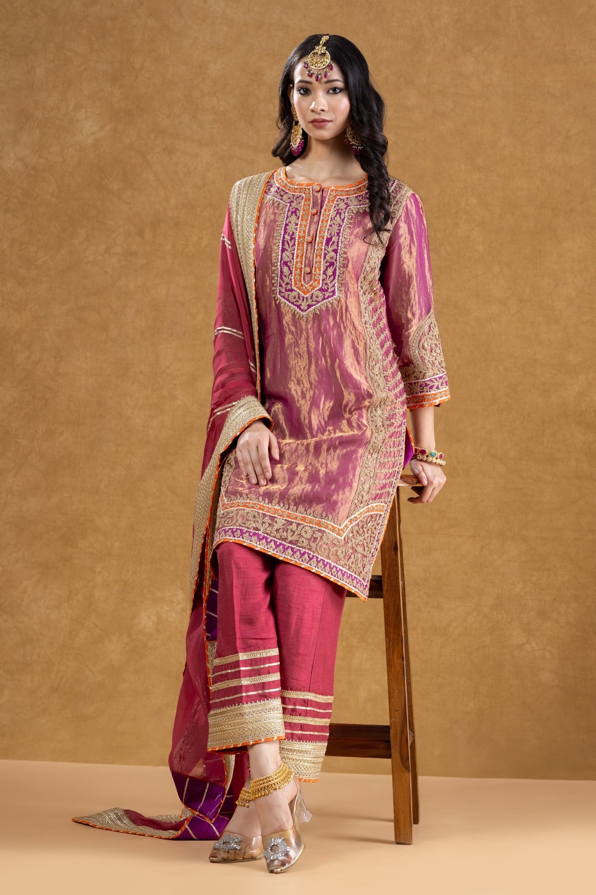 Pink Pure Tissue Kurta Palazzo Set with Dori Hand Work