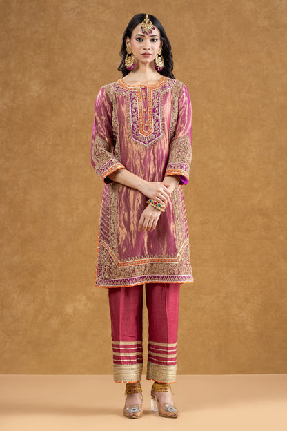 Pink Pure Tissue Kurta Palazzo Set with Dori Hand Work