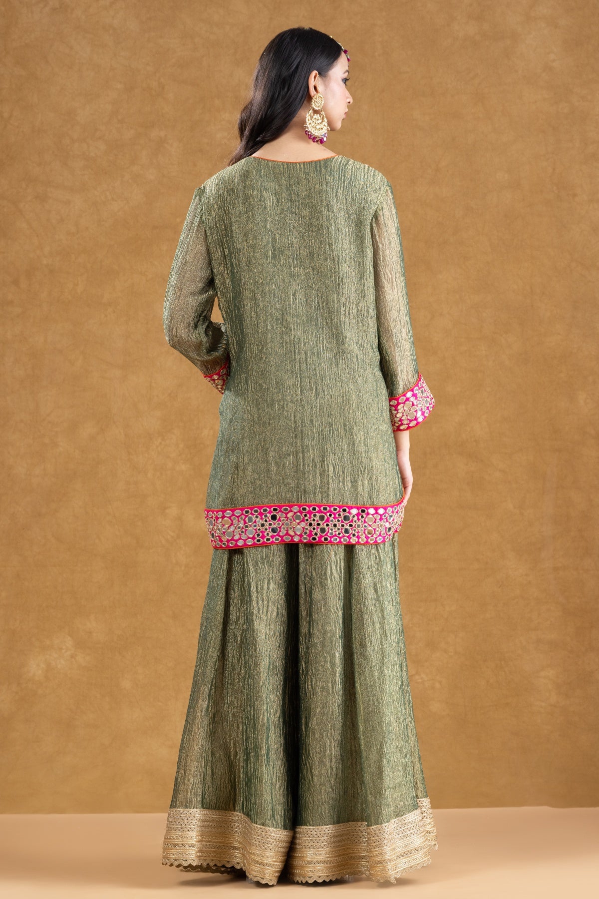 Sage Green Crushed Tissue Kurta Sharara Set with Mirror Work