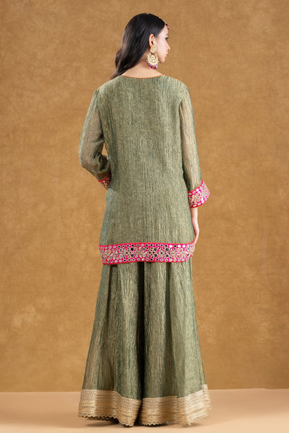 Sage Green Crushed Tissue Kurta Sharara Set with Mirror Work